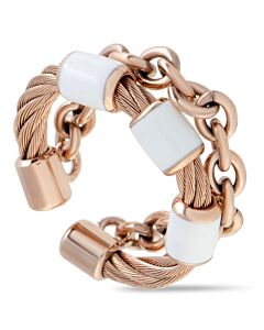 Charriol St. Tropez Stainless Steel and Pink PVD White Enamel Cable and Chain Band Ring