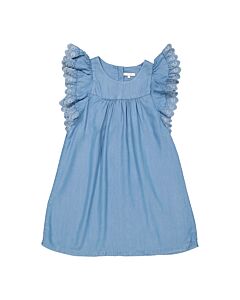 Chloe Girls Denim Light Blue Embroidered Wide Sleeve Chambray Dress
