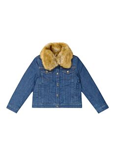 Chloe Kids Faux Fur Collar Denim Jacket, Size 8Y