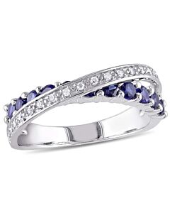 Delmar 1/10 CT TW Diamond and Created Blue Sapphire Crossover Ring in Sterling Silver