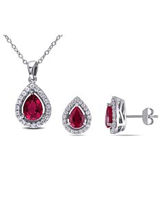 Delmar 4 7/8 CT TGW Created Ruby and Created White Sapphire Teardrop Halo Pendant with Chain and Stud Earrings 2-Piece Set in Sterling Silver