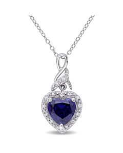 AMOUR Diamond and Created Blue Sapphire Heart Twist Pendant with Chain In Sterling Silver