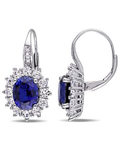 AMOUR Halo Diamond and 8.06 CT TGW Created Blue and White Sapphire Leverback Earrings In Sterling Silver