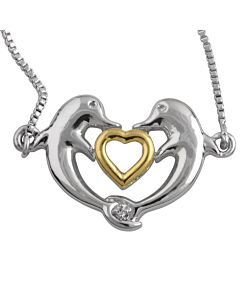 Diamond Muse 0.08 cttw 14KT Dancing Dolphin Heart Pendant Necklace for Women