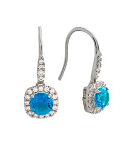 Elegant Confetti Women's 18K White Gold Plated Light Blue CZ Simulated Cushion Diamond Halo Drop Earrings