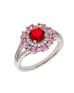 Elegant Confetti Women's 18K White Gold Plated Red and Pink CZ Simulated Diamond Floral Halo Ring