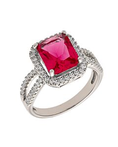 Elegant Confetti Women's 18K White Gold Plated Red CZ Simulated Cushion Diamond Halo Statement Cocktail Ring