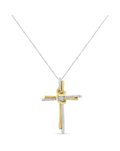 Espira 10K Two-Tone Gold 1/15ct TDW Round Cut Diamond Cross Pendant Necklace (I-J, I2-I3)