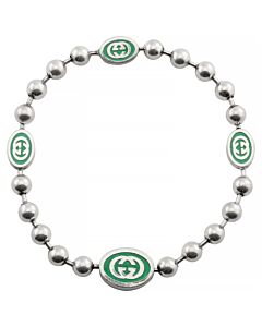 Gucci Ladies Interlocking G Green Enamel Silver Boule Chain Bracelet