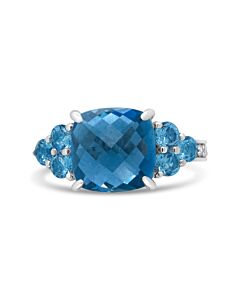 Haus of Brilliance 18K White Gold 10mm Cushion Shaped Blue Topaz and 1/6 Cttw Diamond 3 Stone Style Ring (F-G Color, VS1-VS2 Clarity) - Ring Size 6.5