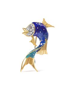 Haus of Brilliance 18K Yellow Gold and Blue Enamel Diamond and Pink Sapphire Fish Brooch Pin (H-I Color, VS2-SI1 Clarity)