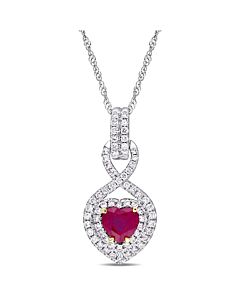 AMOUR Heart Shape Ruby and 1/3 CT TW Diamond Infinity Pendant with Chain In 14K White Gold with Yellow Gold Prongs