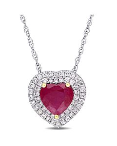AMOUR Heart Shape Ruby and 1/4 CT TW Diamond Double Halo Pendant with Chain In 14K White Gold with Yellow Gold Prongs