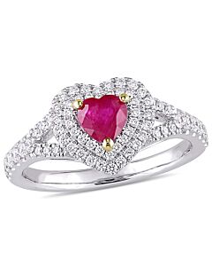 Heart Shape Ruby and 2/5 CT TW Diamond Double Halo Ring in 14k White Gold with Yellow Gold Prongs
