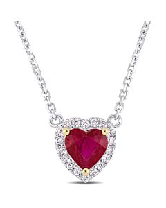 Heart Shape Ruby and Diamond Accent Halo Necklace in 14k White Gold with Yellow Gold Prongs JMS004851