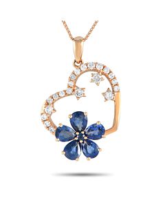 LB Exclusive 14K Rose Gold 0.20ct Diamond and Sapphire Heart and Flower Pendant Necklace PH4 10098RSA