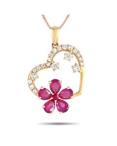 LB Exclusive 14K Yellow Gold 0.20ct Diamond and Ruby Heart and Flower Necklace PH4 10098YRU