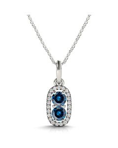 Maulijewels 14K White Gold 1.25 Carat Blue Diamond Two Stone Pendant Necklace With 18" 14k White Gold Plated Sterling Silver Box Chain