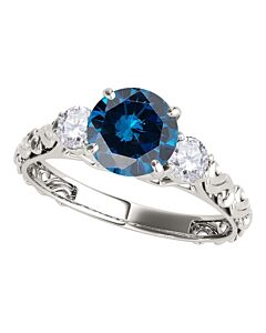 Maulijewels 18K Solid White Gold 1.05 Carat Blue & White Diamond Three Stone Engagement Ring For Women