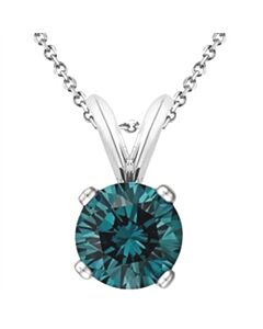 Maulijewels Blue Diamond 1.00 Carat Round Solitaire Pendant In 14K White Gold With 18" 14K White Gold Plated Sterling Silver Box Chain