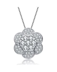 Megan Walford Classic Sterling Silver Round Clear Cubic Zirconia Flower Pendant Necklace