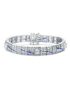 Megan Walford Elegant Sterling Silver Baguette Sapphire and Round Clear Cubic Zirconia Tennis Bracelet