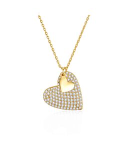 Megan Walford Sterling Silver 14k Yellow Gold Plated with Cubic Zirconia Pave Double Dangle Heart Charm Pendant Layering Necklace