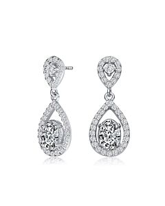 Megan Walford Sterling Silver Oval and Round Cubic Zirconia Halo Two Pear Drop Earrings