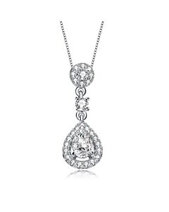 Megan Walford Sterling Silver Pear and Round Cubic Zirconia Drop Pendant Necklace