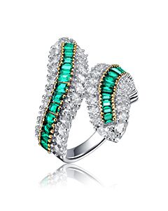 Megan Walford Sterling Silver Rhodium Plated with Emerald Cubic Zirconia Bypass Ring