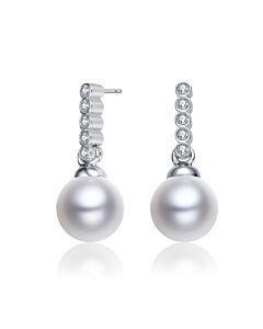 Megan Walford Sterling Silver Round Freshwater Pearl with Round Cubic Zirconia Drop Earrings