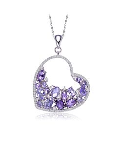 Megan Walford Sterling Silver with Rhodium Plated Purple Oval with Clear Round Cubic Zirconia Open Heart Necklace