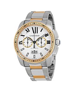 Men's Calibre de Cartier Chronograph Stainless Steel and 18kt Pink Gold Silver Dial
