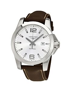 Men's Conquest Brown Leather Silver Dial