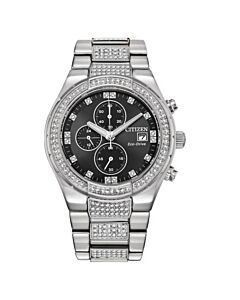 Men's Crystal Chronograph Stainless Steel Set with Crystal Accents Black Dial Watch