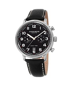 Men's Dual Time Leather Black Dial Watch