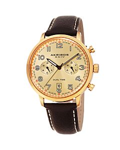 Men's Dual Time Leather Gold-Tone Dial