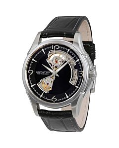 Men's Jazzmaster Open Heart Black Leather Black with Skeletal Cut-out Dial