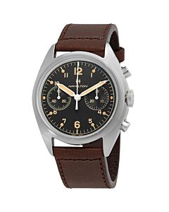Men's Khaki Aviation Pioneer Chronograph Leather Black Dial Watch