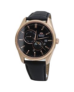 Men's Sun and Moon Leather Black Dial Watch