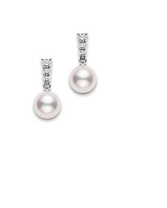 Mikimoto Morning Dew 8mm Akoya Pearl & Diamond Drop Earrings in 18K White Gold