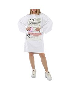 MM6 Ladies White Graphic Print Cotton Sweatshirt Dress