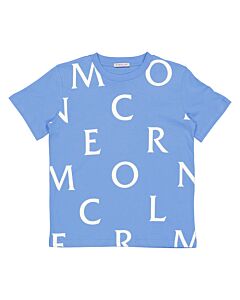 Moncler Kids Pastel Blue Logo Prit Cotton T-Shirt