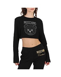 Moschino Fantasy Print Black Crystal Teddy Cropped Cotton Sweatshirt