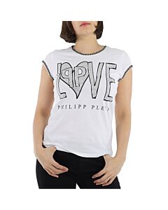 Philipp Plein Ladies White/Multi Love Crystal Logo Cotton T-shirt