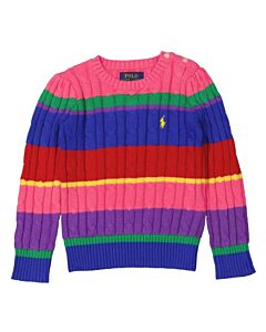 Polo Ralph Lauren Girls Striped Cable-Knit Logo Cotton Sweater, Size Small