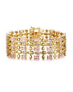 Rachel Glauber 14k Yellow Gold Plated Pink Morganite & Cubic Zirconia Wide Geometric Mesh Link Bracelet