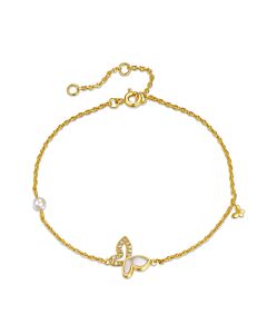 Rachel Glauber 14k Yellow Gold Plated with Mother of Pearl & -Like Cubic Zirconia Butterfly Charm Rope Bracelet w/ Adjustable Chain