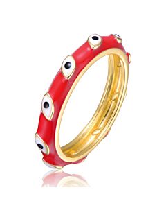 Rachel Glauber Young Adults/Teens 14k Yellow Gold Plated Red Bamboo White Evil Eye Enamel Slim Stacking Band Ring