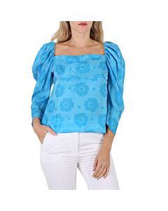 Rejina Pyo Ladies Anita Blue Floral-print Ruched Blouse, Brand Size 38 (US Size 4)